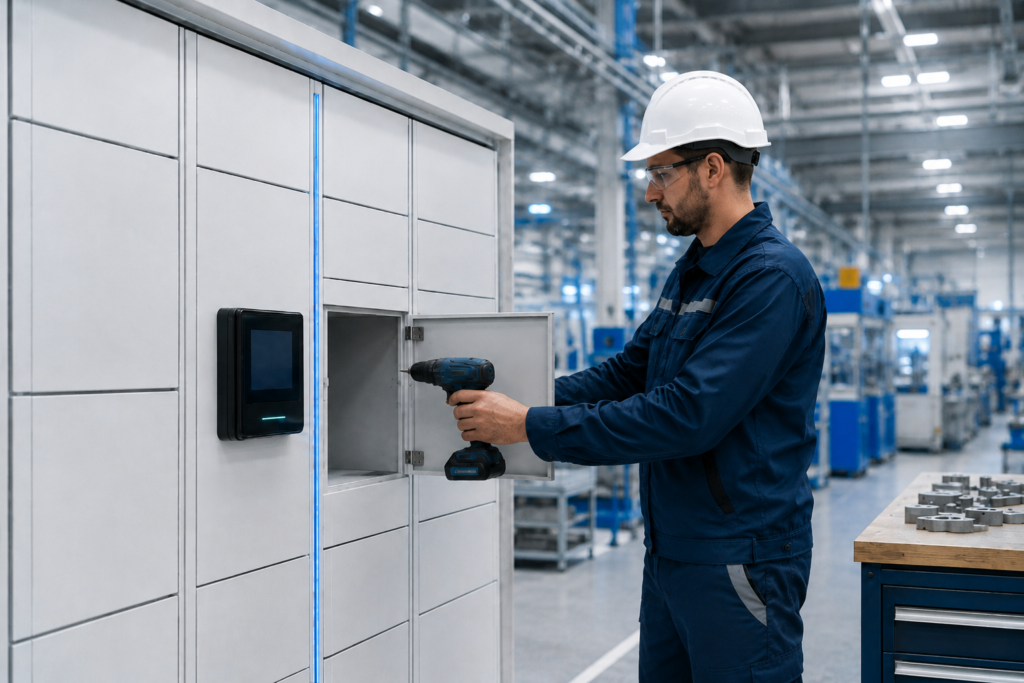 Pracownik zakładu produkcyjnego wyjmuje wiertarkę ze Smart Narzędziomatu